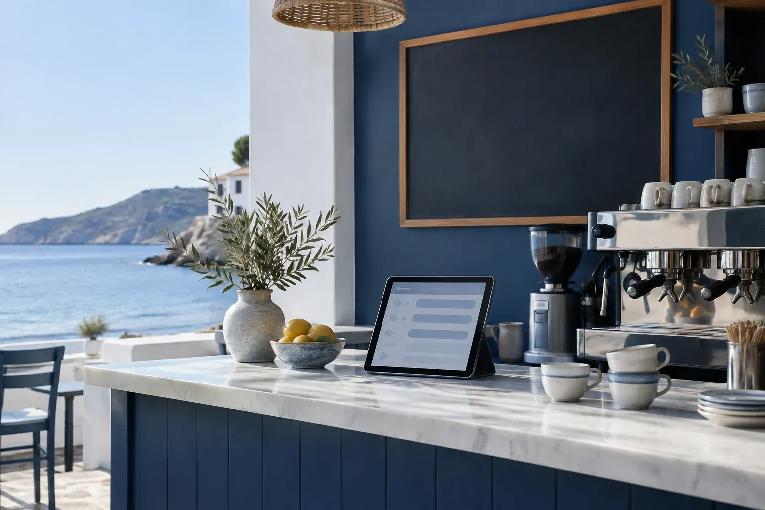A café counter with an espresso machine and a tablet showing a price list.