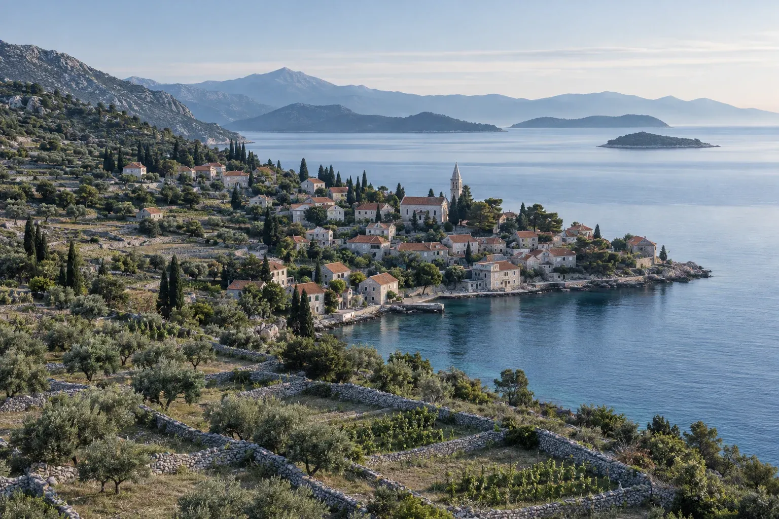 An Adriatic coastal town with land parcels bordered by stone walls and olive trees.