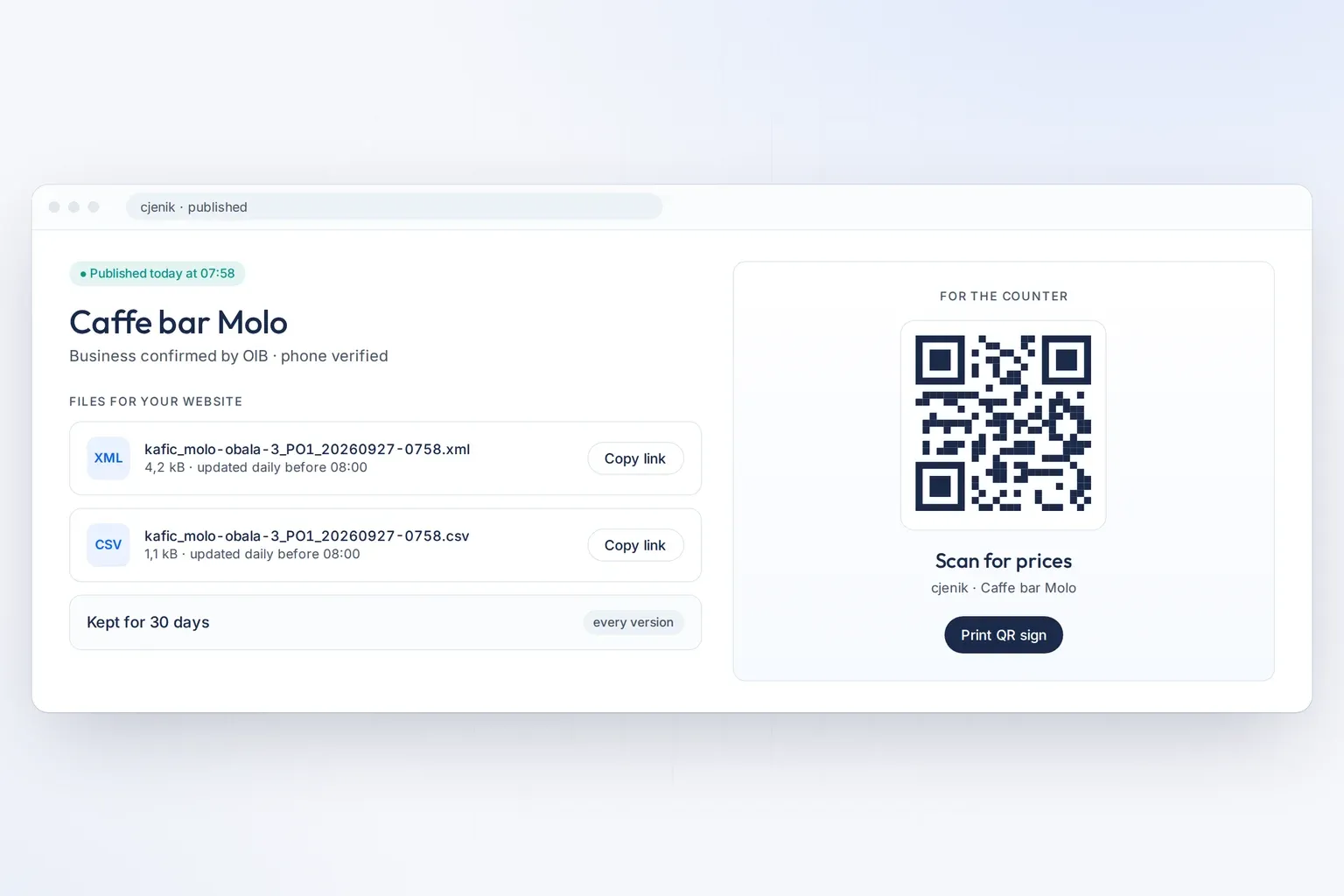 An example published price list: XML and CSV files for the website and a QR sign for the counter.
