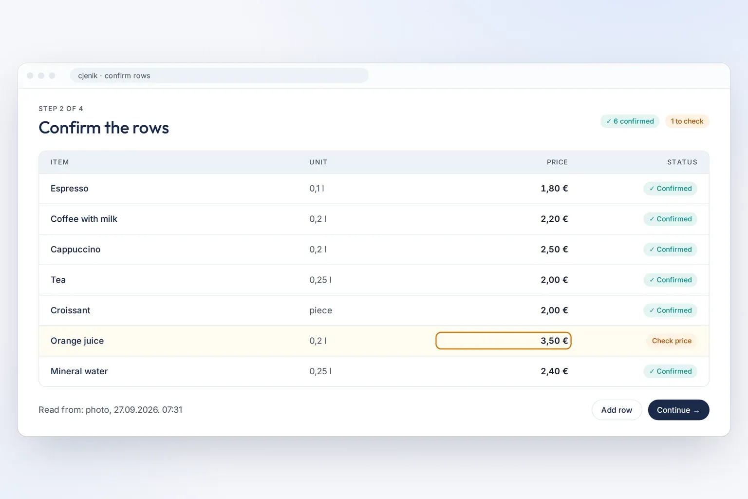 An example table of price-list rows, six confirmed and one flagged to check.