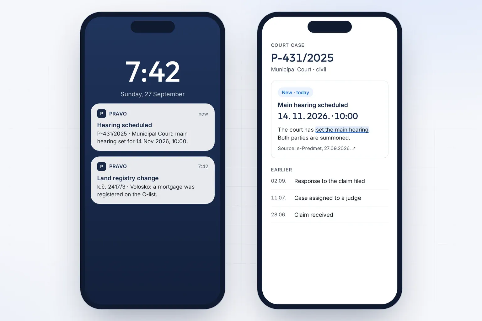 Two example phone screens: notifications about a court hearing and a land-registry change, and the court case with the new hearing date.