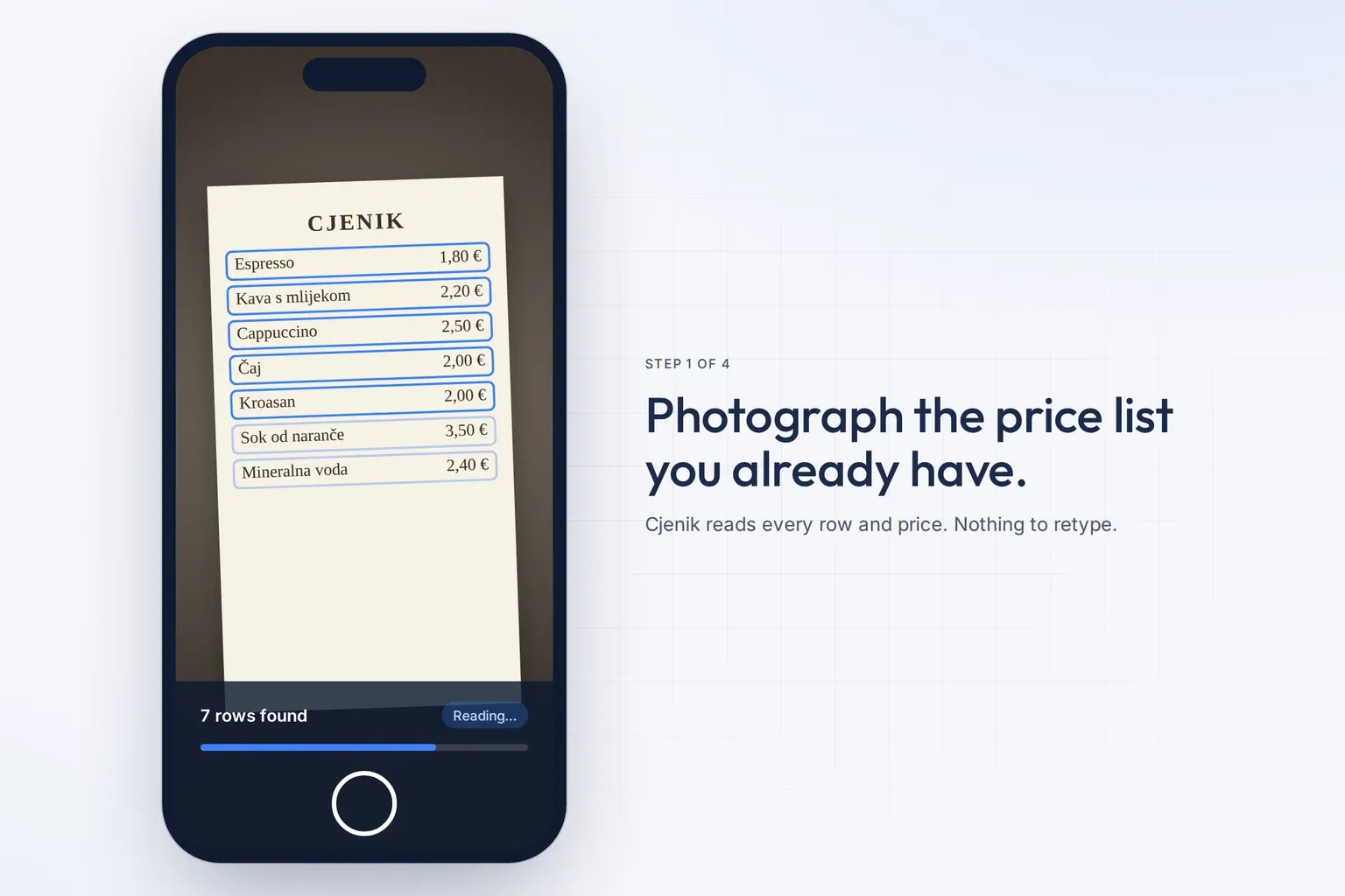 A phone photographing a paper price list, each row outlined as it is read.
