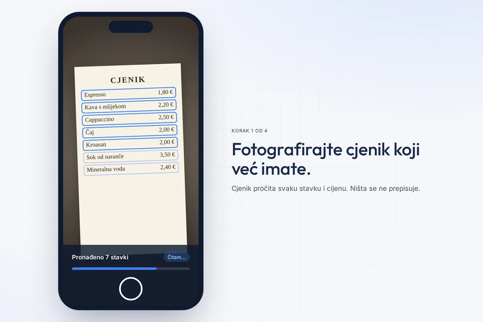 Mobitel fotografira papirnati cjenik, a svaka pročitana stavka je uokvirena.