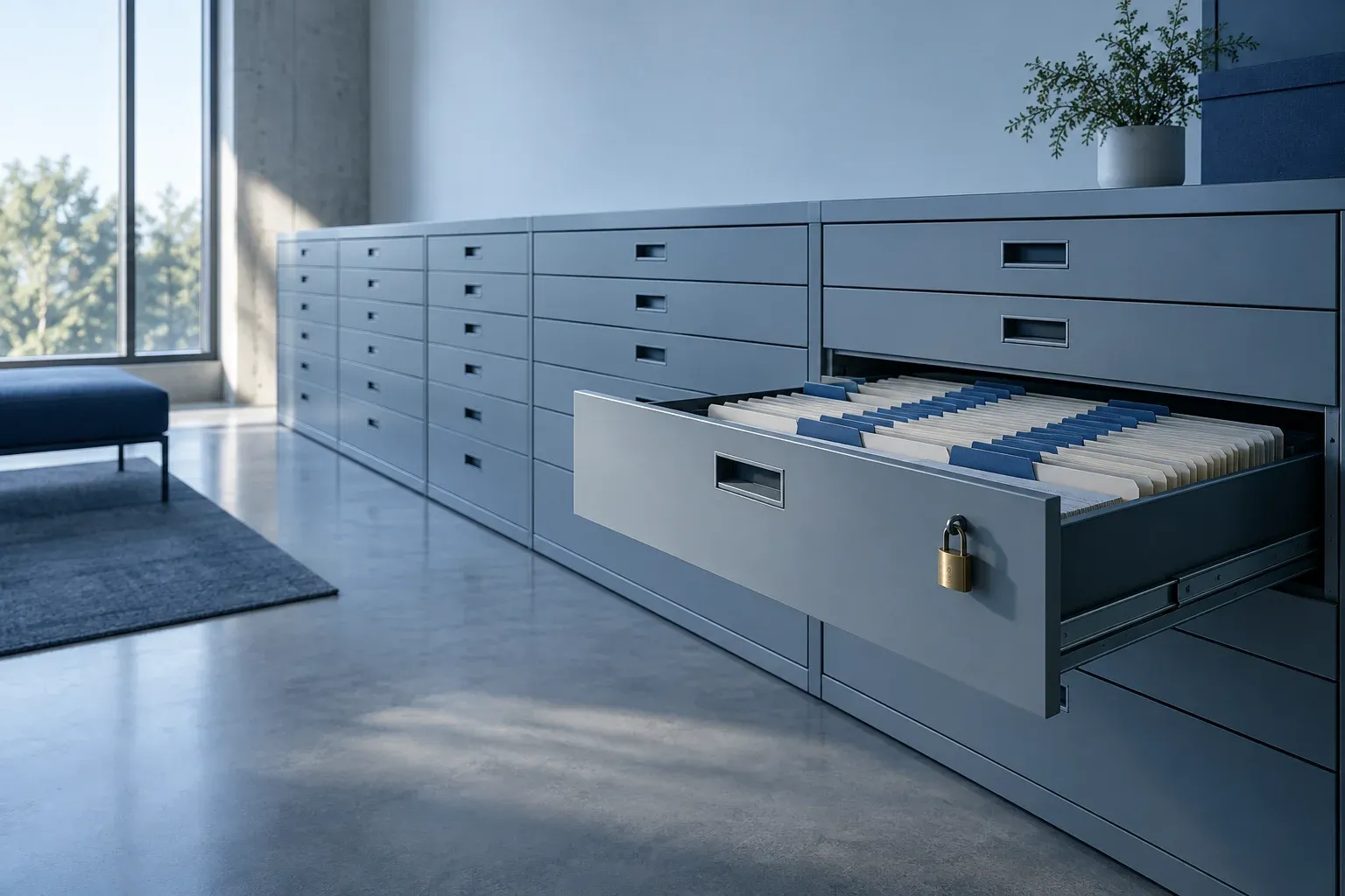 A long archive cabinet with one drawer open, neatly ordered folders with blue tabs, and a padlock.