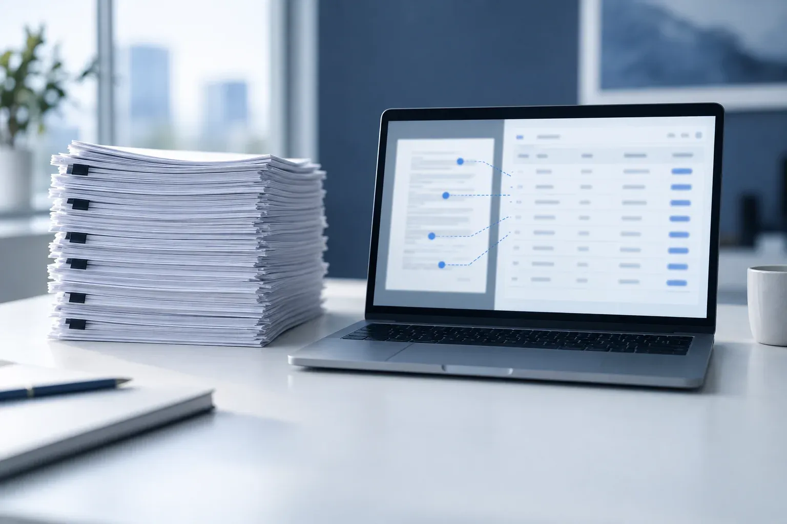A tall stack of paper contracts next to a laptop showing a table of extracted fields.