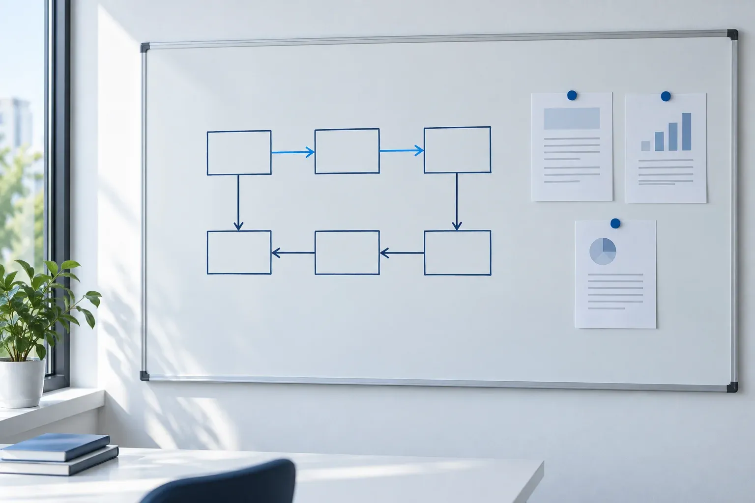 A whiteboard with a simple diagram of six boxes, one path in blue, and three pinned one-page documents.