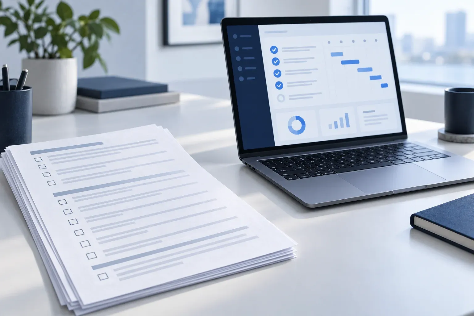 A printed security questionnaire with empty checkboxes next to a laptop showing a dashboard of checks.