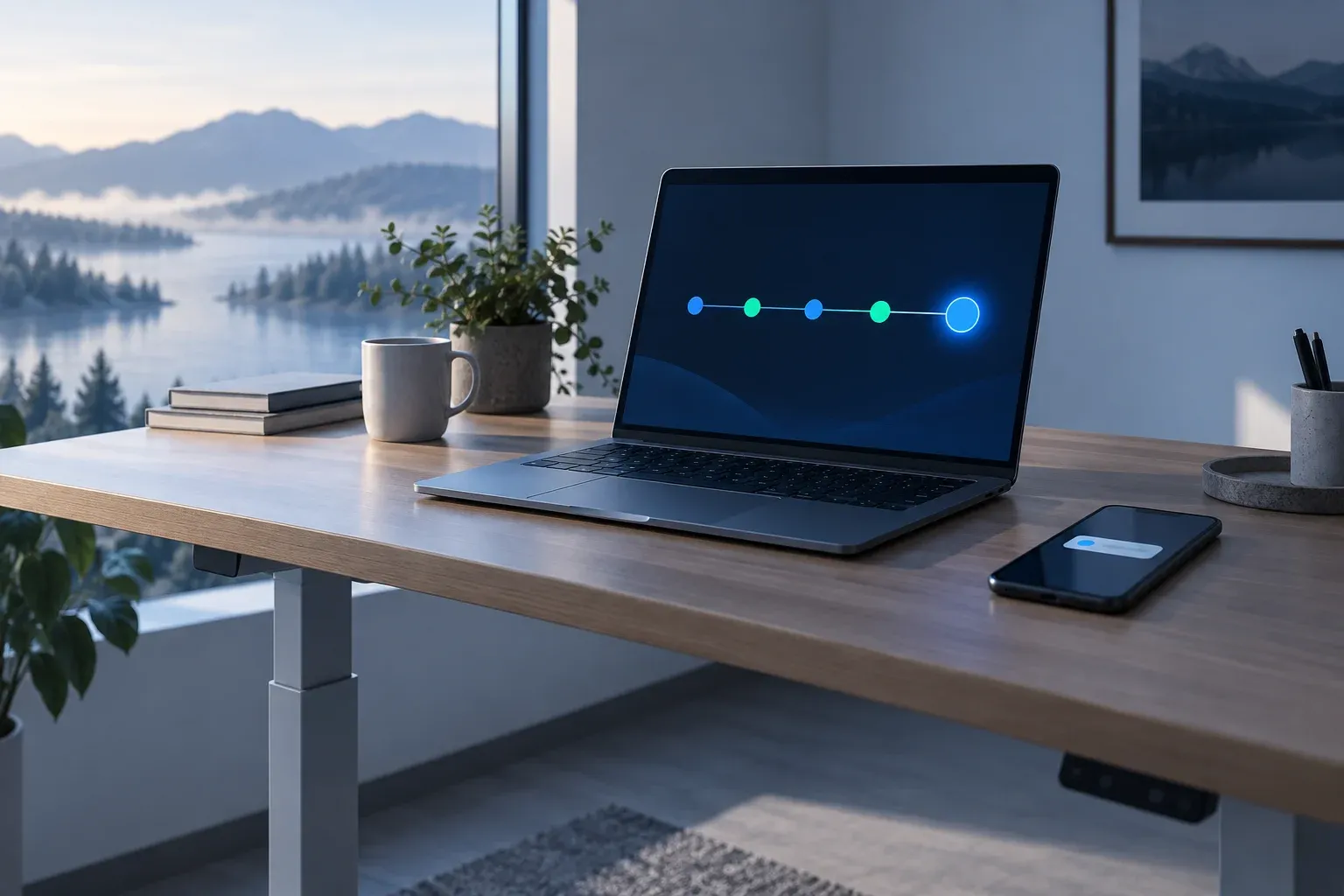 A laptop on a standing desk showing a row of green and blue status dots, a phone with an update notification beside it.