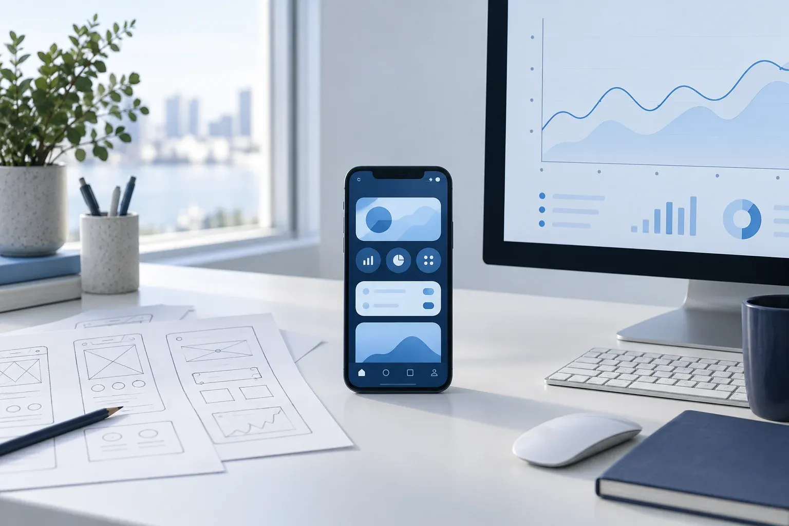 Pencil wireframe sketches on a desk, a phone showing the finished app, and a monitor with a monitoring graph.