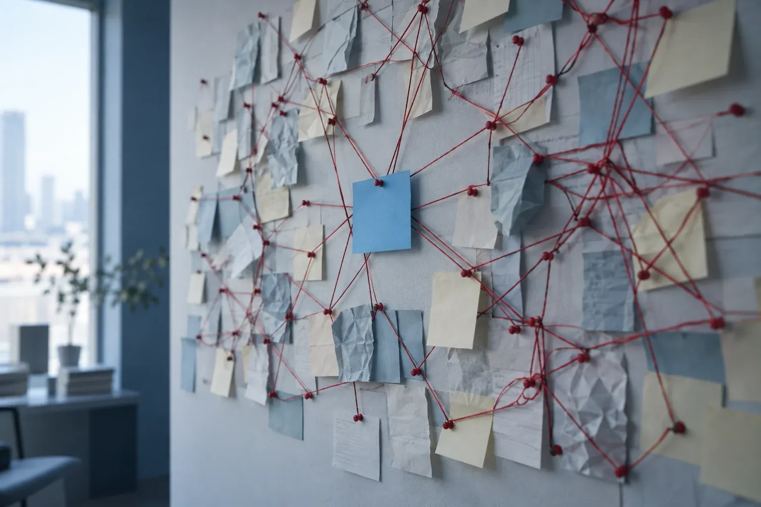 A wall of overlapping sticky notes tangled in red string, one blue card pinned in the middle.