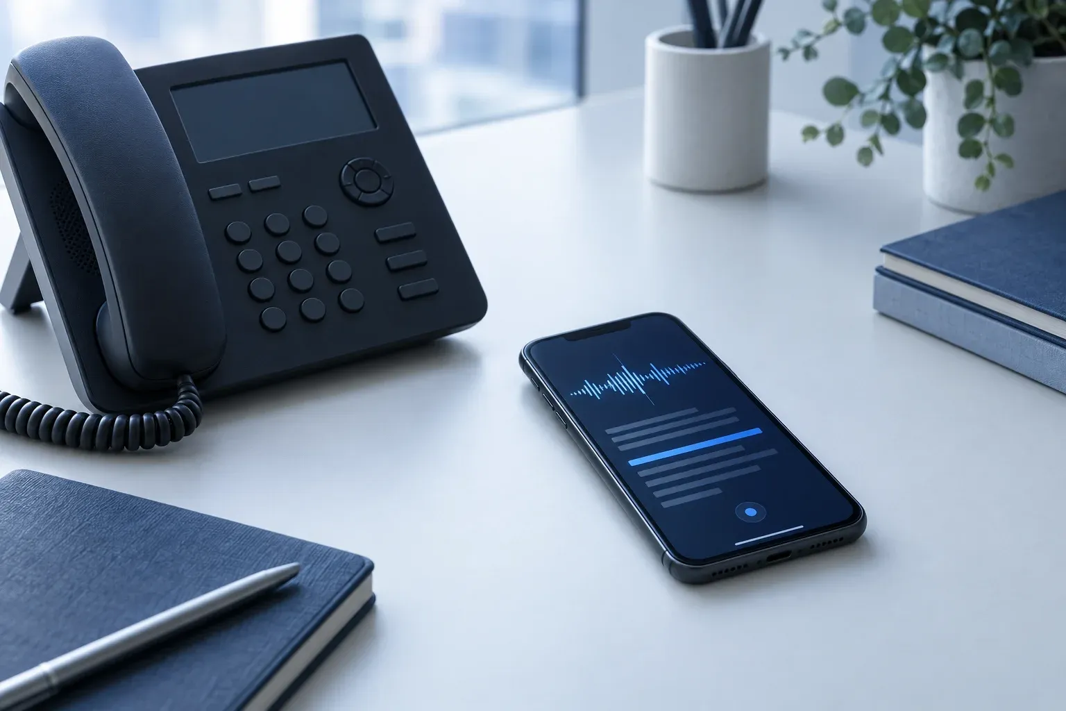 A desk phone and a smartphone showing a live audio waveform turning into a transcript.